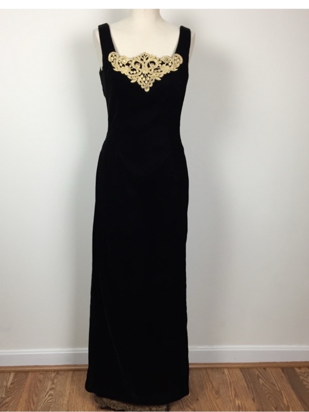 Whimsigoth formal 90s black Velvet Gown maxi Dress Gold embroidery renaissance